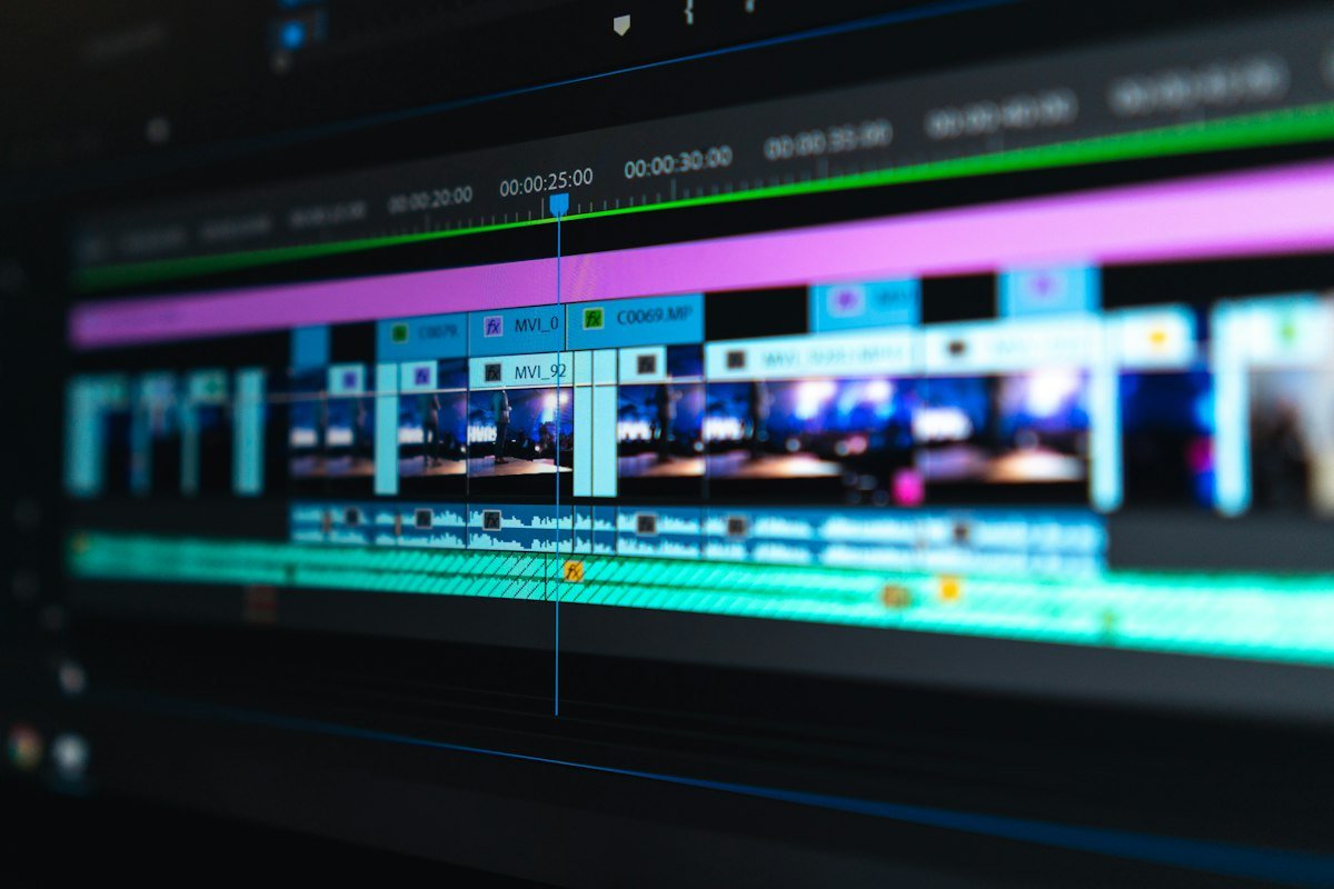 Video editing timeline with colour-coded clips